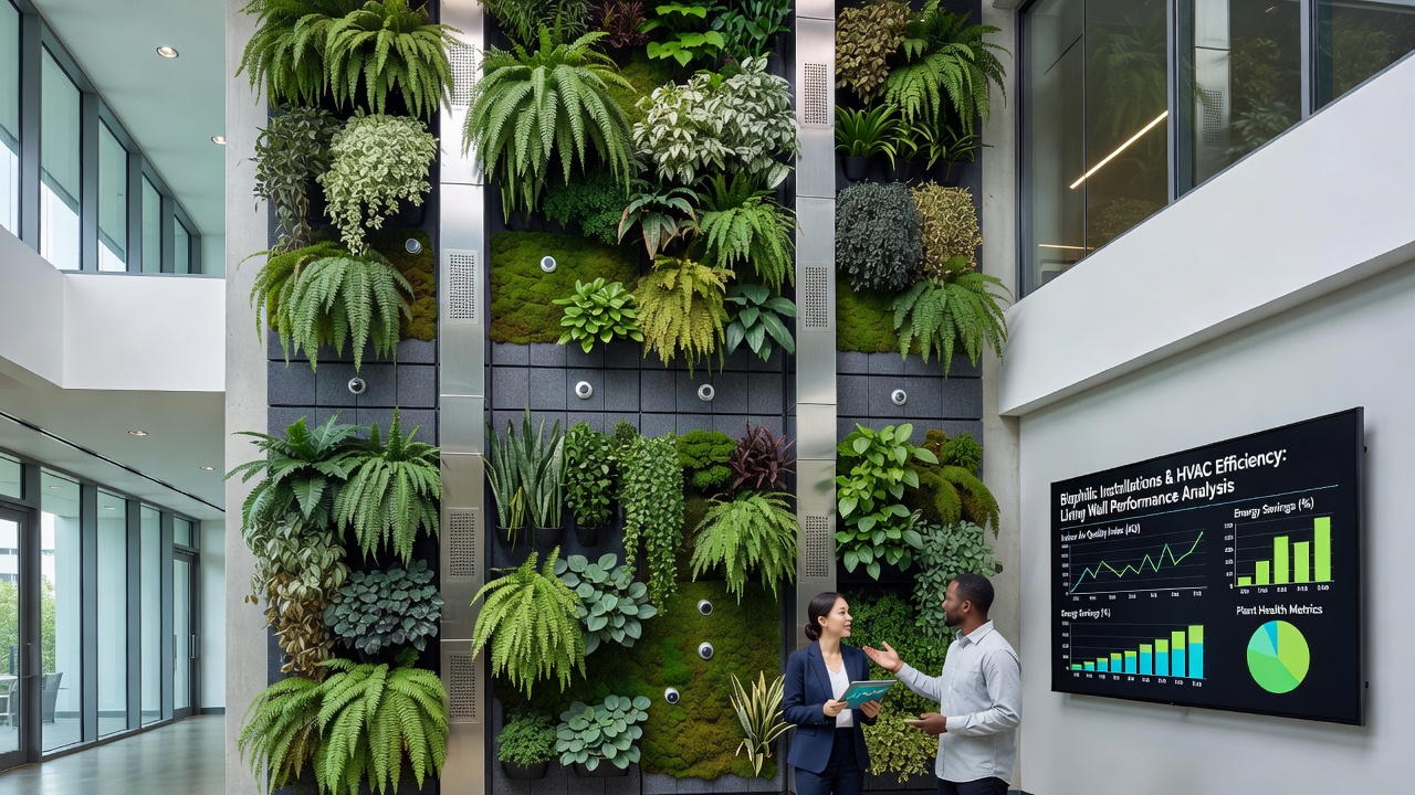 Close-up view of living wall vegetation integrated with HVAC ductwork in a commercial high-rise atrium