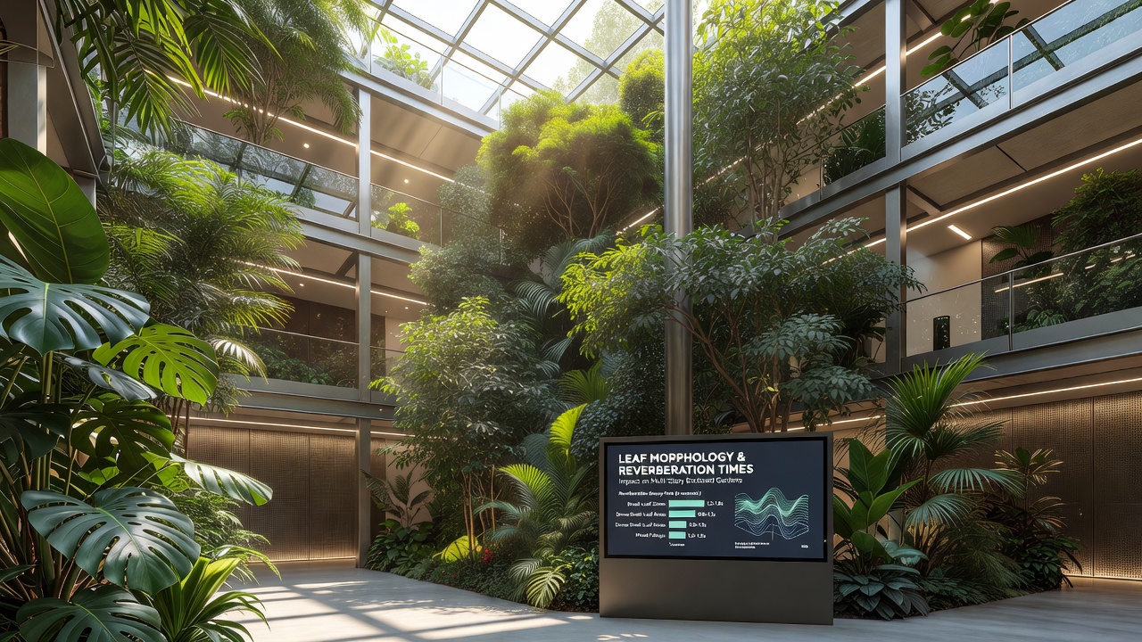 Interior view of a multi-story enclosed garden atrium showing sound measurement setup amid layered plantings