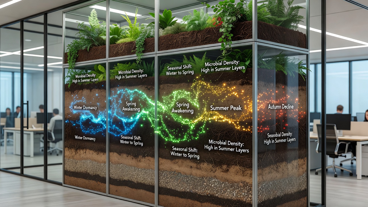 Seasonal Shifts in Microbial Activity Within Soil Layers of Multi-Level Office Plant Enclosures