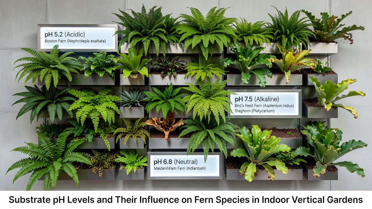 Technician measuring substrate pH in a multi-tiered indoor vertical fern garden using a handheld probe